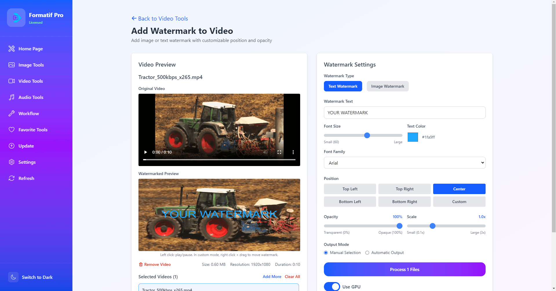 Formatif Pro batch video watermark tool — adding a text watermark to a video with live preview