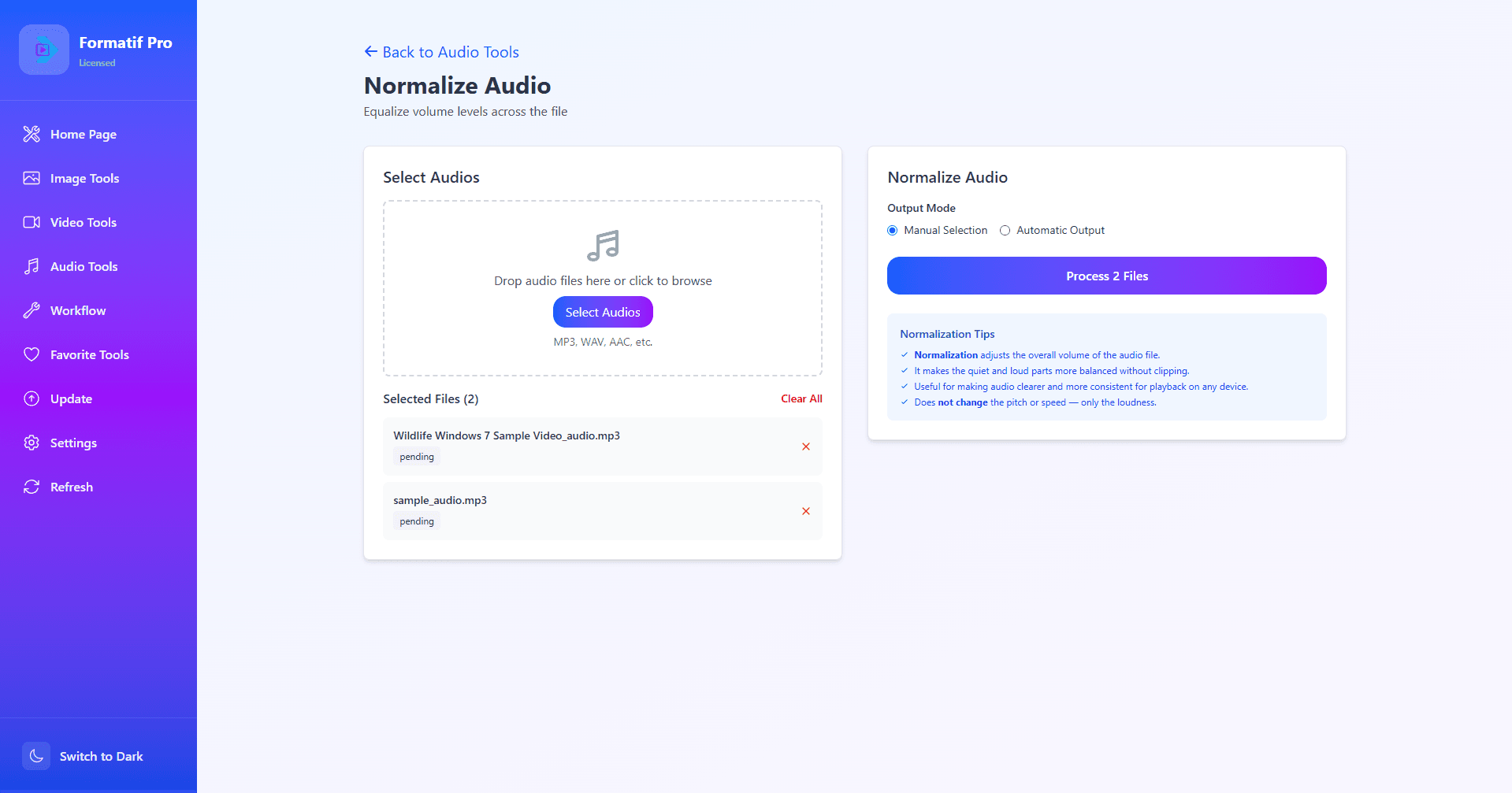 Formatif Pro audio normalize tool — one-click batch loudness normalization