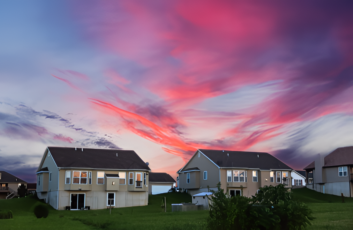 Same house with sunset sky replaced, denoised and upscaled